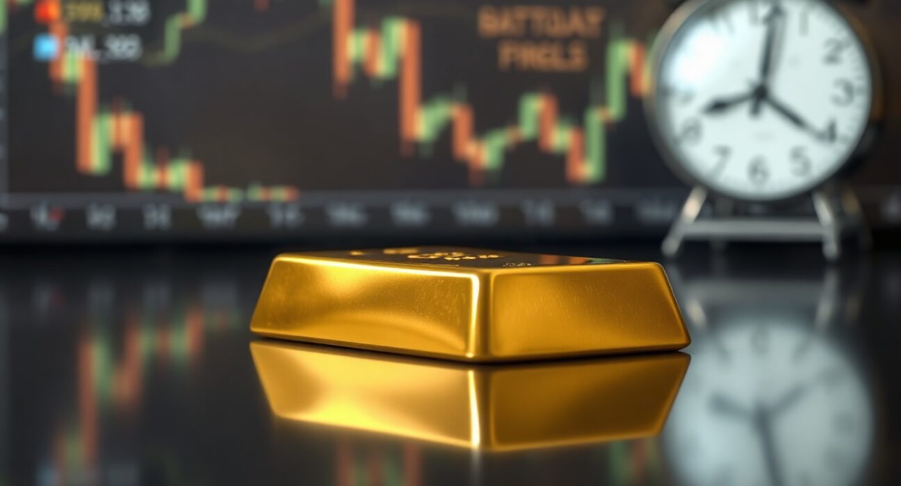 Gold bar on reflective surface with financial chart background