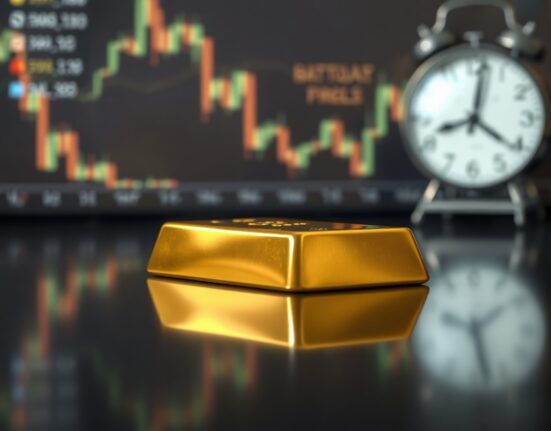Gold bar on reflective surface with financial chart background