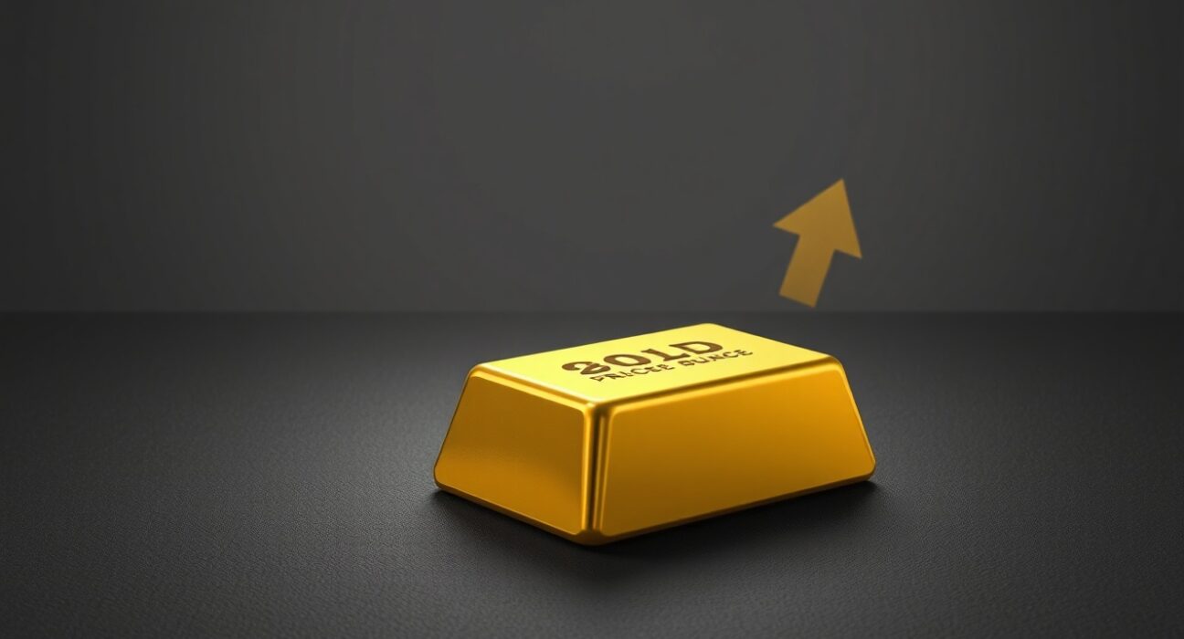 Gold bar on dark surface with upward arrow representing gold bounce from two-week low amid USD strength