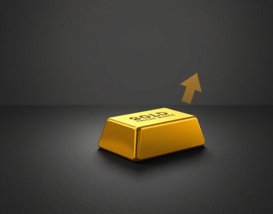 Gold bar on dark surface with upward arrow representing gold bounce from two-week low amid USD strength