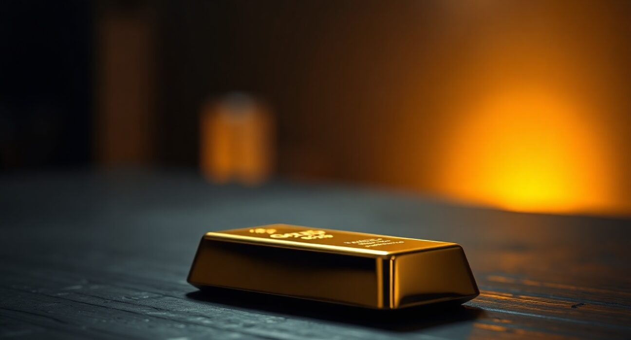 Close-up of a gold bar on a dark surface with dramatic lighting, representing precious metals market volatility.