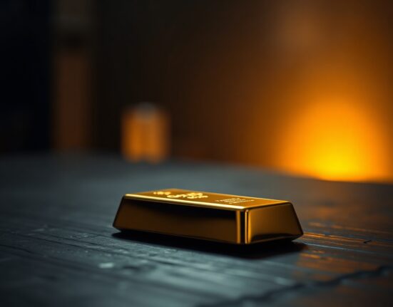 Close-up of a gold bar on a dark surface with dramatic lighting, representing precious metals market volatility.