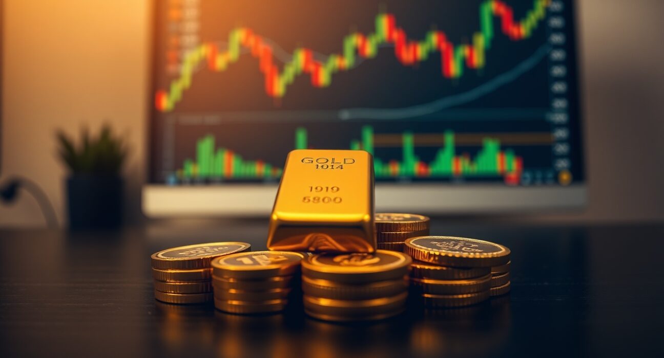 Gold bars and coins on a dark surface with a financial chart in the background