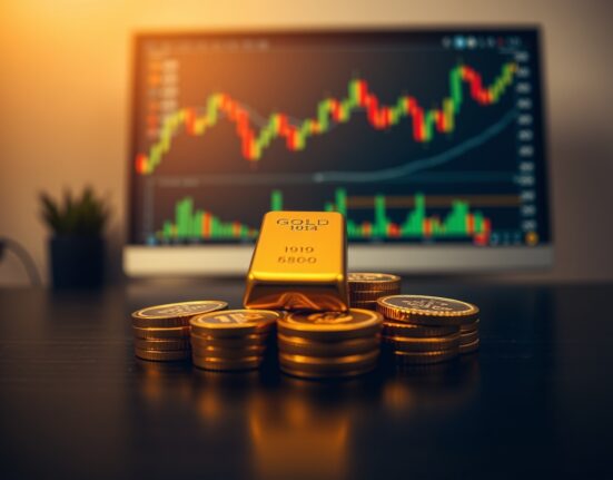 Gold bars and coins on a dark surface with a financial chart in the background