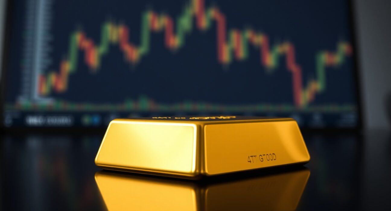 Close-up of a gold bar on a dark surface with blurred trading desk background