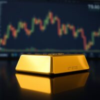 Close-up of a gold bar on a dark surface with blurred trading desk background