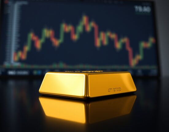 Close-up of a gold bar on a dark surface with blurred trading desk background