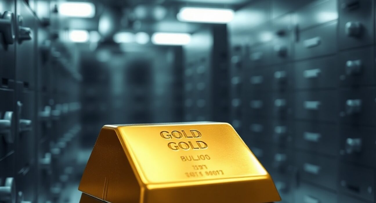 Stack of gold bullion bars in a bank vault, representing central bank gold reserves.