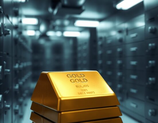 Stack of gold bullion bars in a bank vault, representing central bank gold reserves.
