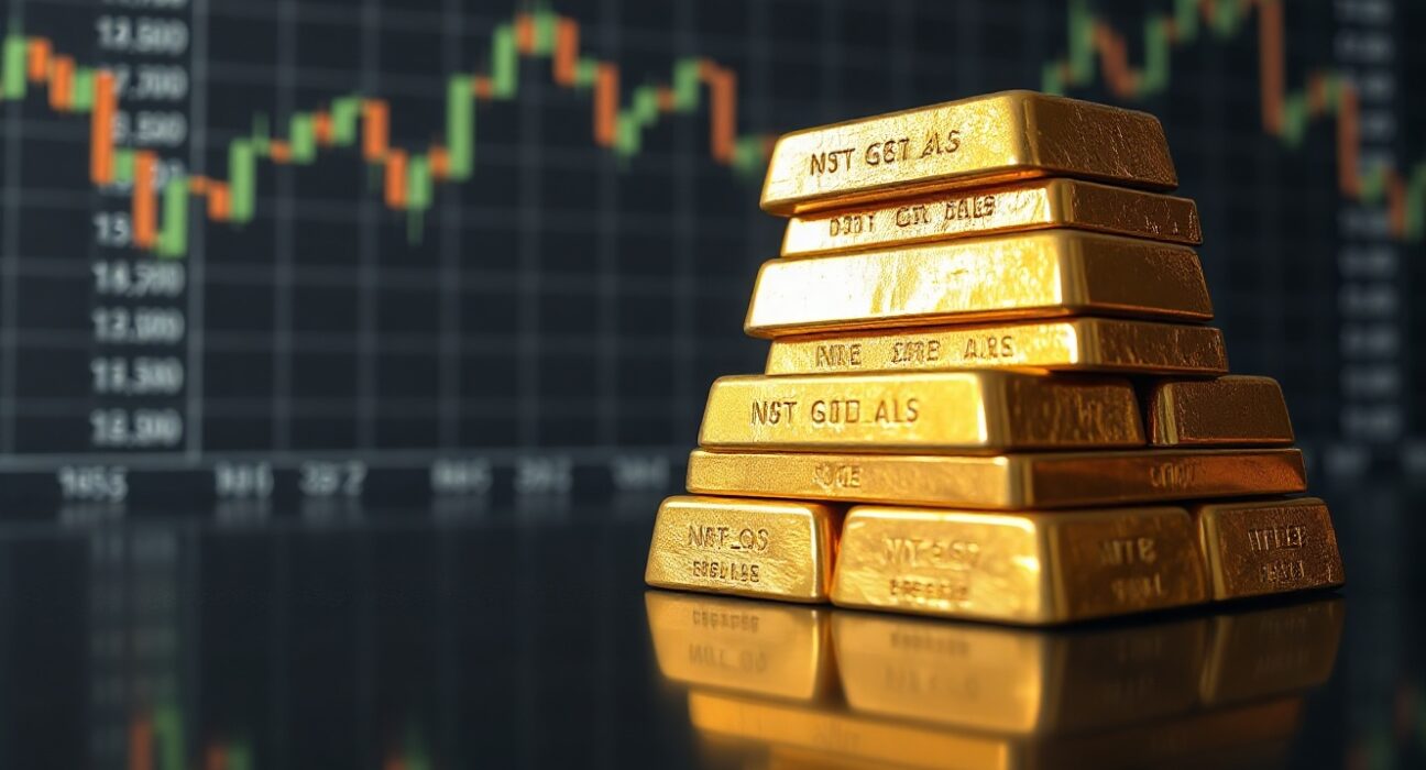 Gold bullion bars on a reflective surface with a subtle financial chart in the background, symbolizing market analysis.