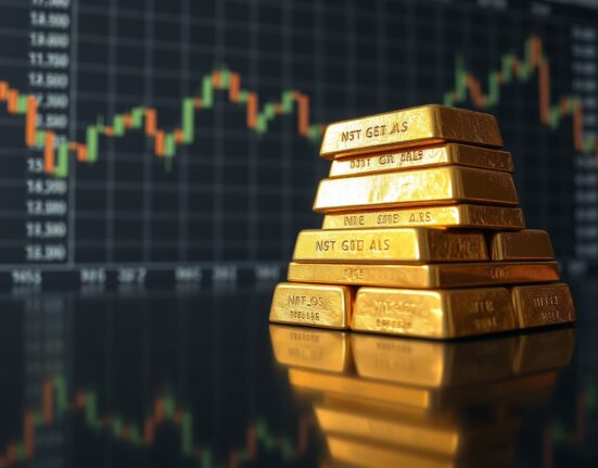 Gold bullion bars on a reflective surface with a subtle financial chart in the background, symbolizing market analysis.