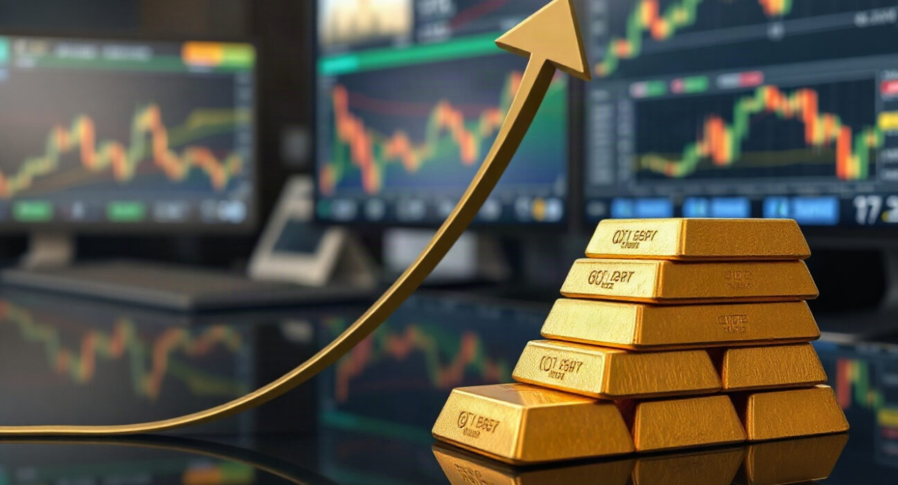 Gold bars arranged in an upward pattern on a dark surface, symbolizing sustained price momentum.