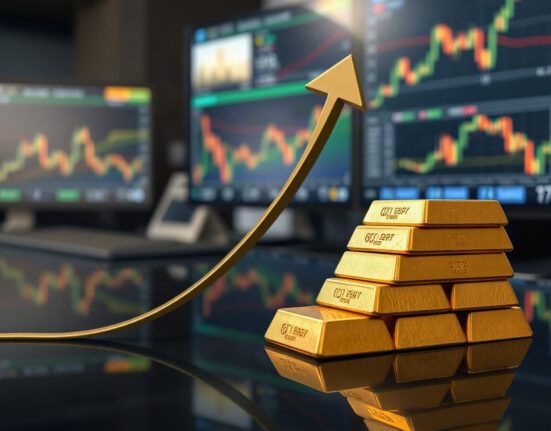 Gold bars arranged in an upward pattern on a dark surface, symbolizing sustained price momentum.