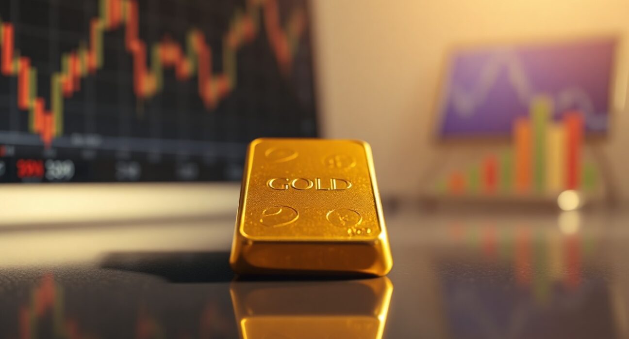Gold bullion bar with financial charts in background, representing market breakout.