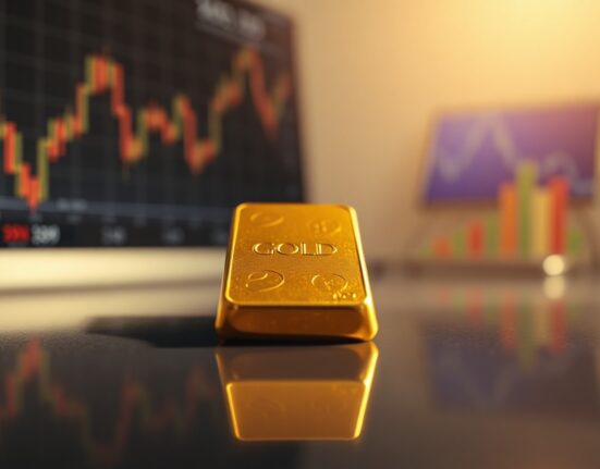 Gold bullion bar with financial charts in background, representing market breakout.