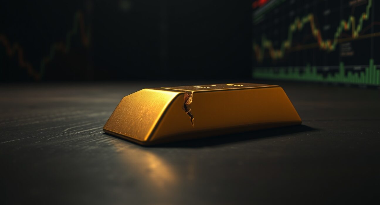 Gold bar with cracked appearance on dark surface symbolizing broken support level