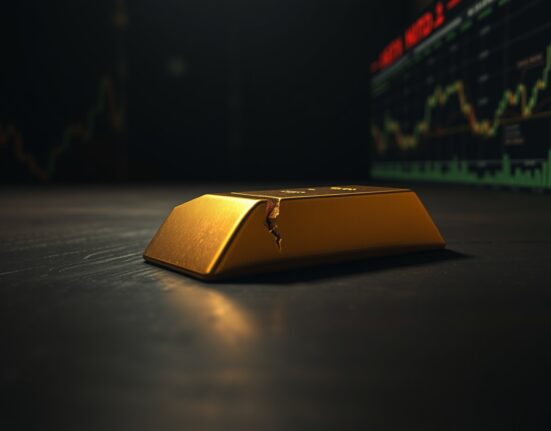 Gold bar with cracked appearance on dark surface symbolizing broken support level