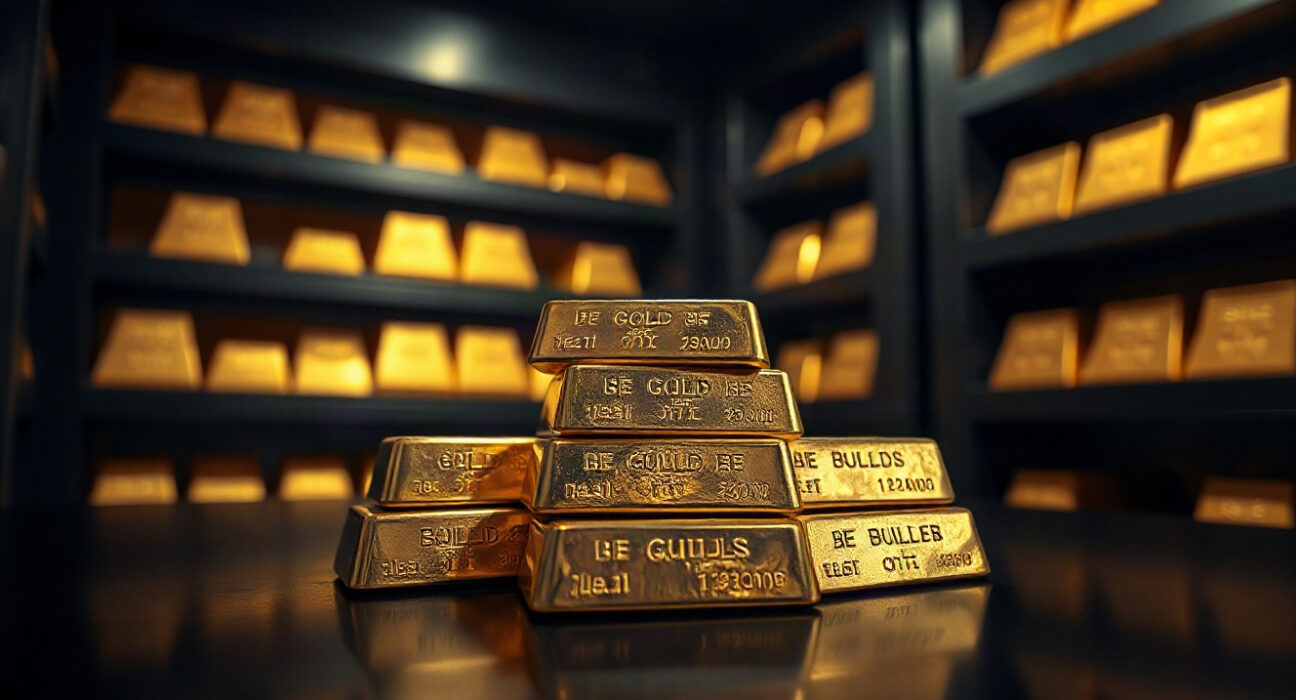 Gold bullion bars stacked in a vault, symbolizing the ongoing gold bull market