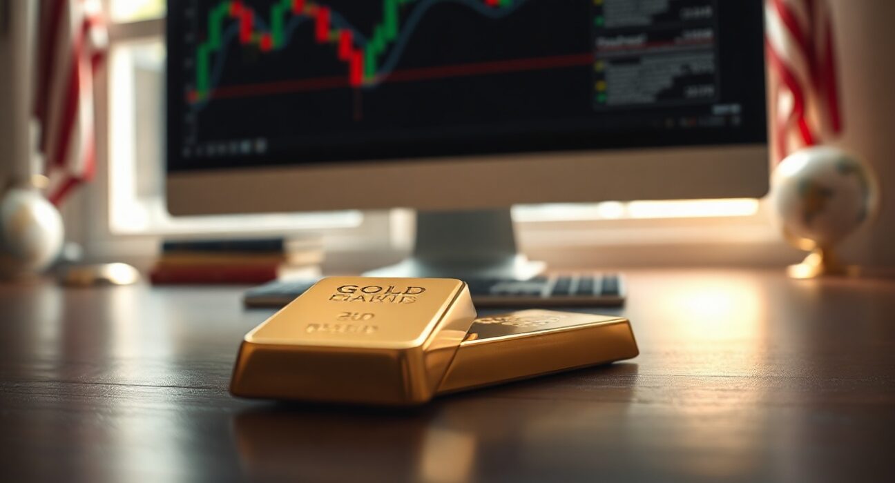 Gold bar on wooden surface with financial chart in background