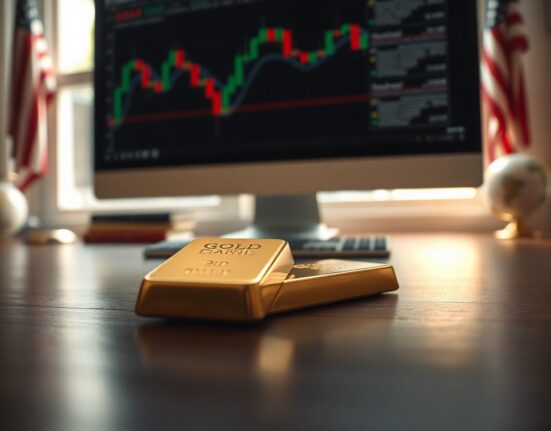Gold bar on wooden surface with financial chart in background