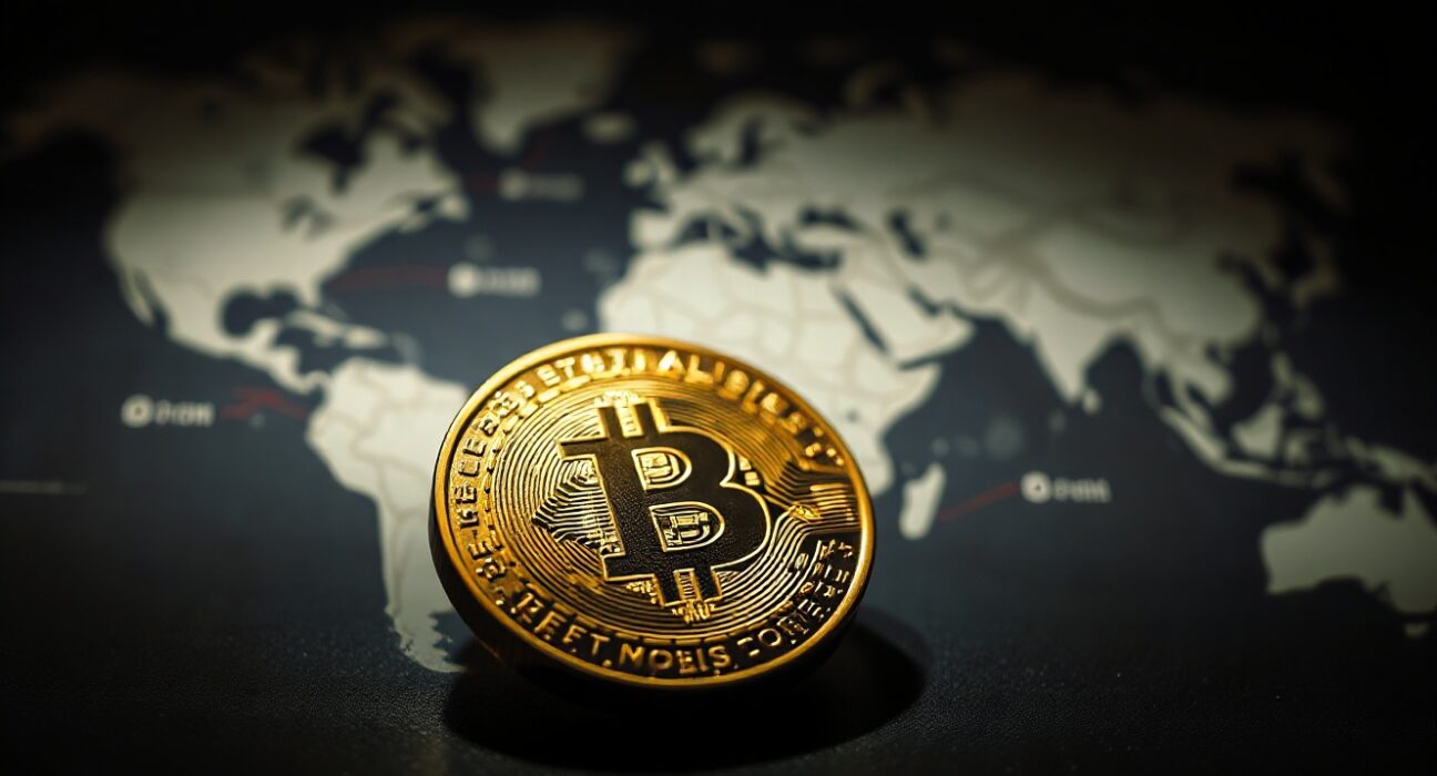 Close-up of a gold coin with a blurred world map in the background, representing geopolitical tensions and market uncertainty.