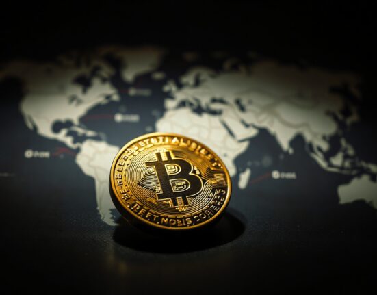 Close-up of a gold coin with a blurred world map in the background, representing geopolitical tensions and market uncertainty.