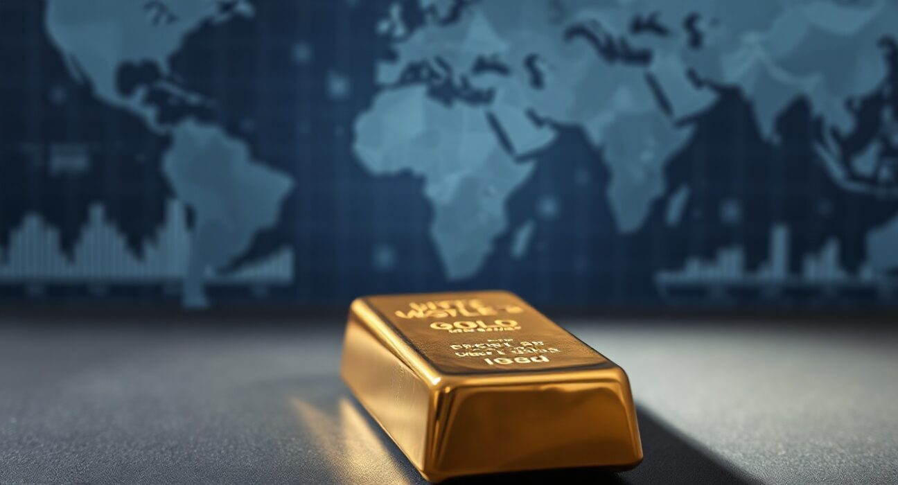 Gold bullion bar on dark surface with financial charts and world map background