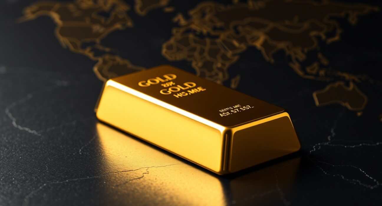 Gold bullion bar as a safe haven investment during geopolitical uncertainty.