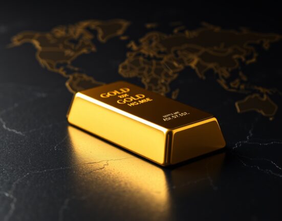 Gold bullion bar as a safe haven investment during geopolitical uncertainty.