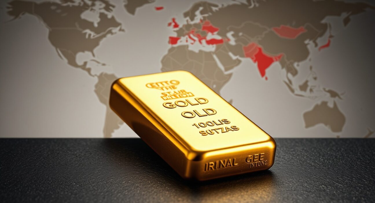 Gold bullion bar representing safe haven investment during geopolitical market volatility
