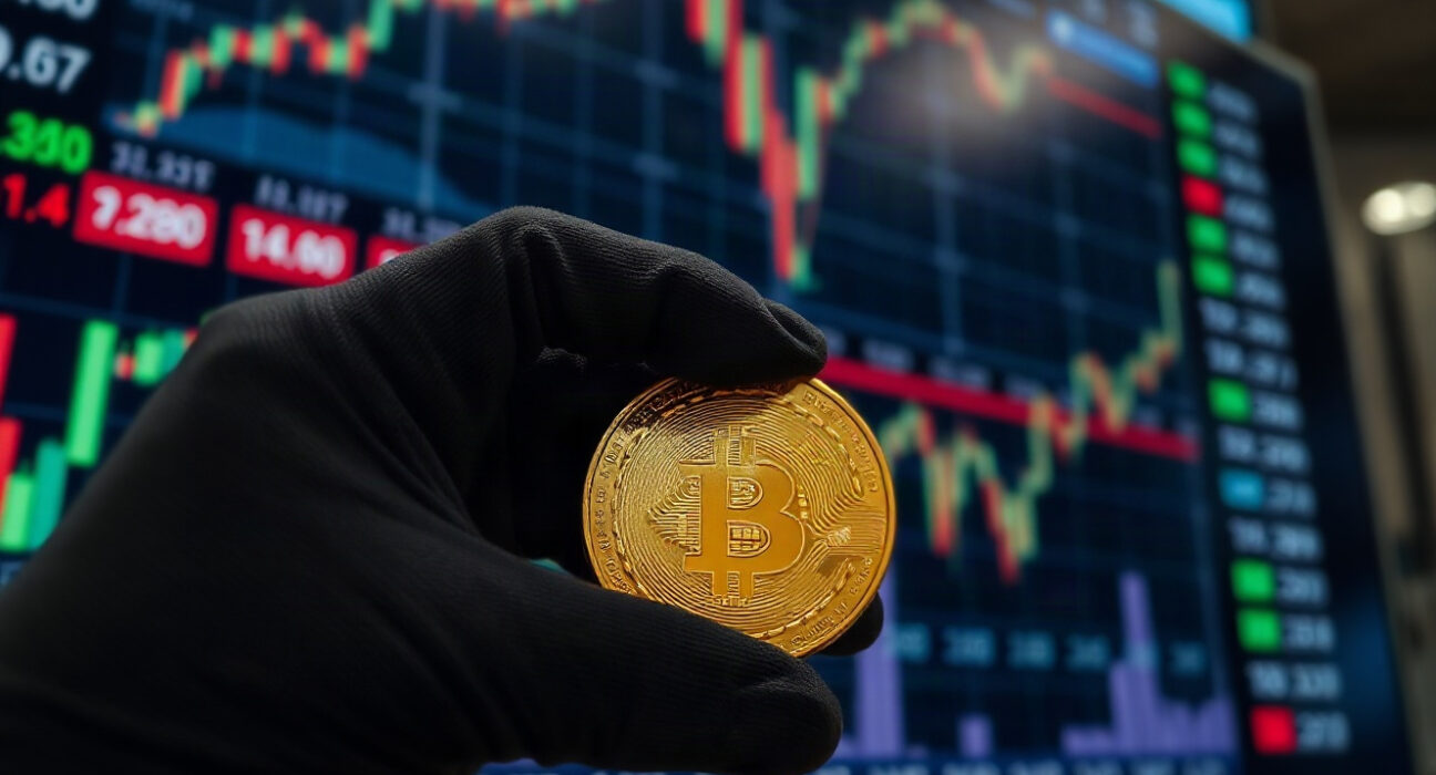 Gloved hand holding a gold bullion coin in front of a financial market screen with an upward price chart