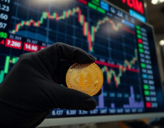 Gloved hand holding a gold bullion coin in front of a financial market screen with an upward price chart