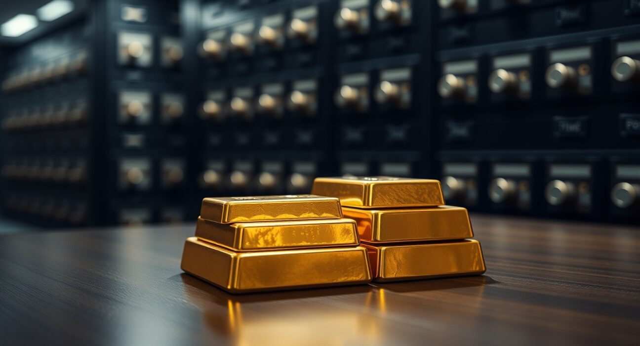 Gold bars stacked in a vault, symbolizing central bank reserves and investment demand.