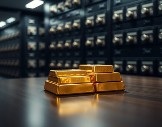 Gold bars stacked in a vault, symbolizing central bank reserves and investment demand.