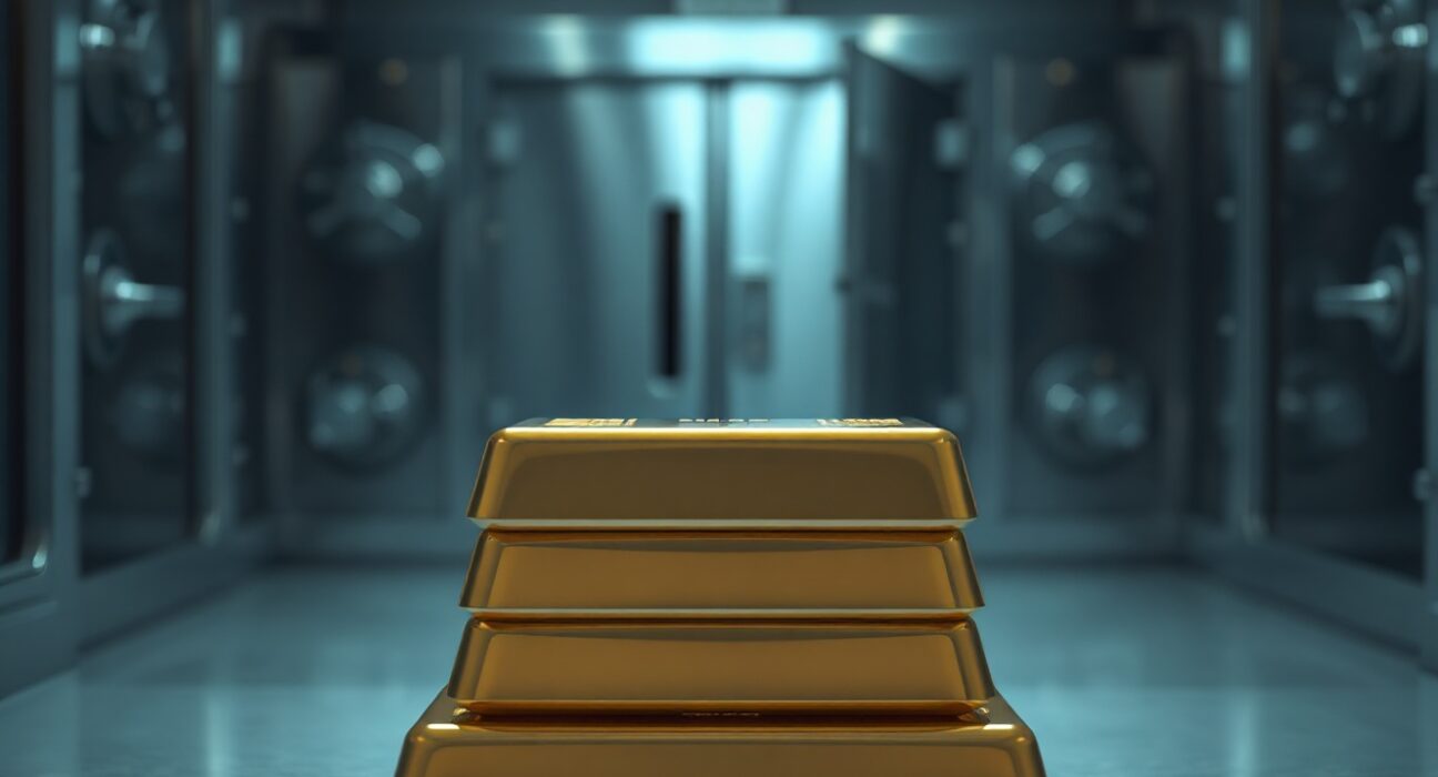 Stack of gold bars in a bank vault representing rising central bank gold demand and de-dollarization trends.