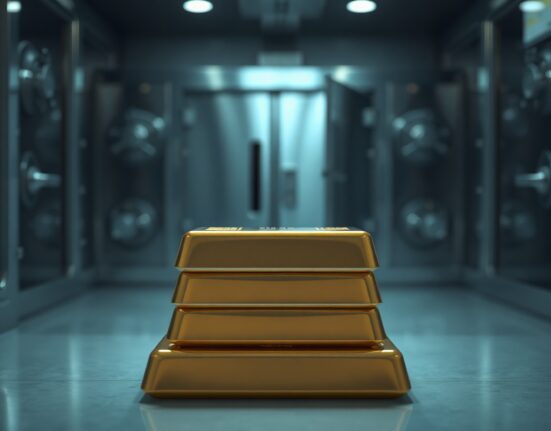 Stack of gold bars in a bank vault representing rising central bank gold demand and de-dollarization trends.