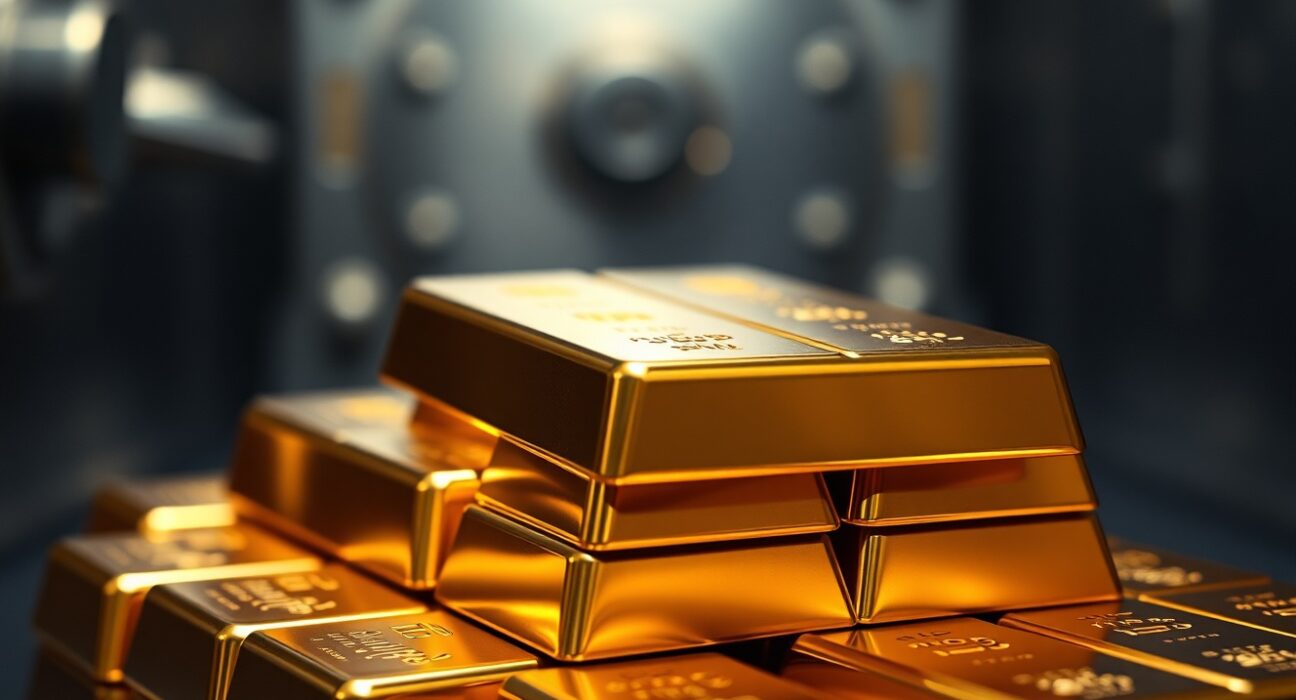 Stack of gold bars in a vault representing central bank gold reserves