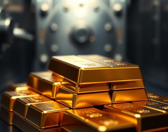 Stack of gold bars in a vault representing central bank gold reserves