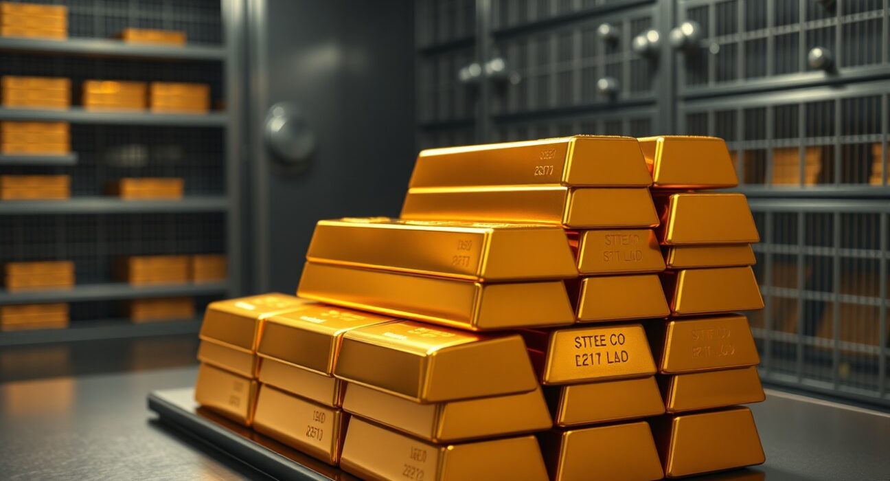 Stack of gold bars in a vault with soft lighting, representing central bank gold reserves and investment.