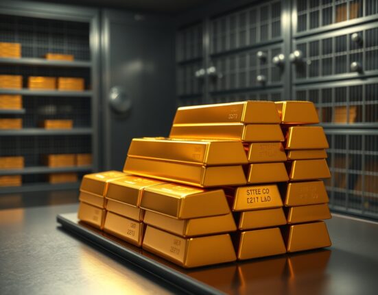 Stack of gold bars in a vault with soft lighting, representing central bank gold reserves and investment.