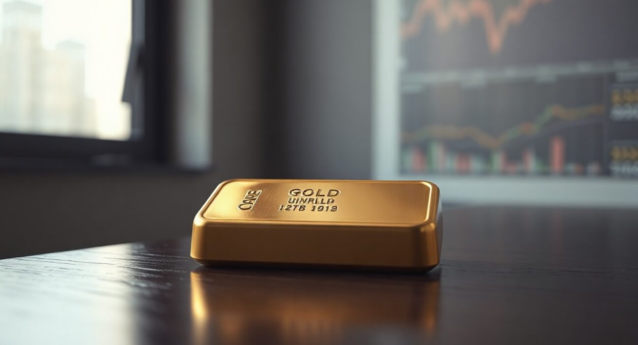 Gold bullion bar on dark wooden surface representing rising gold prices above $4,550.