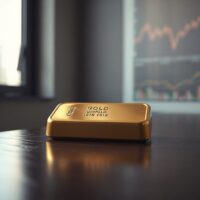 Gold bullion bar on dark wooden surface representing rising gold prices above $4,550.