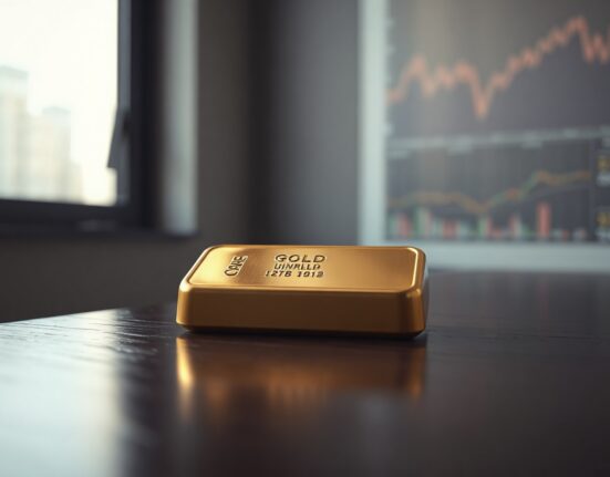 Gold bullion bar on dark wooden surface representing rising gold prices above $4,550.