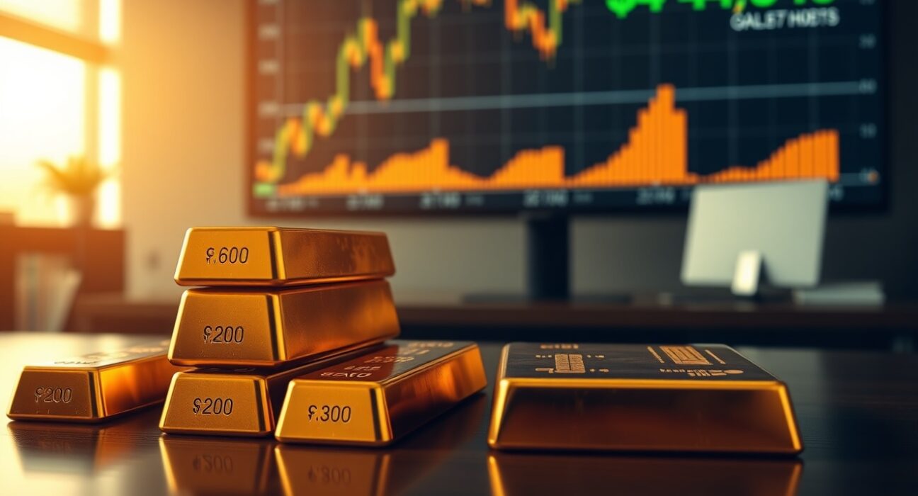 Gold bullion bars with a digital trading screen showing price at $4,540