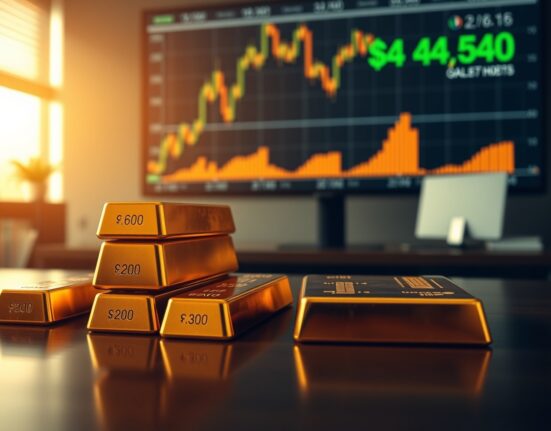 Gold bullion bars with a digital trading screen showing price at $4,540