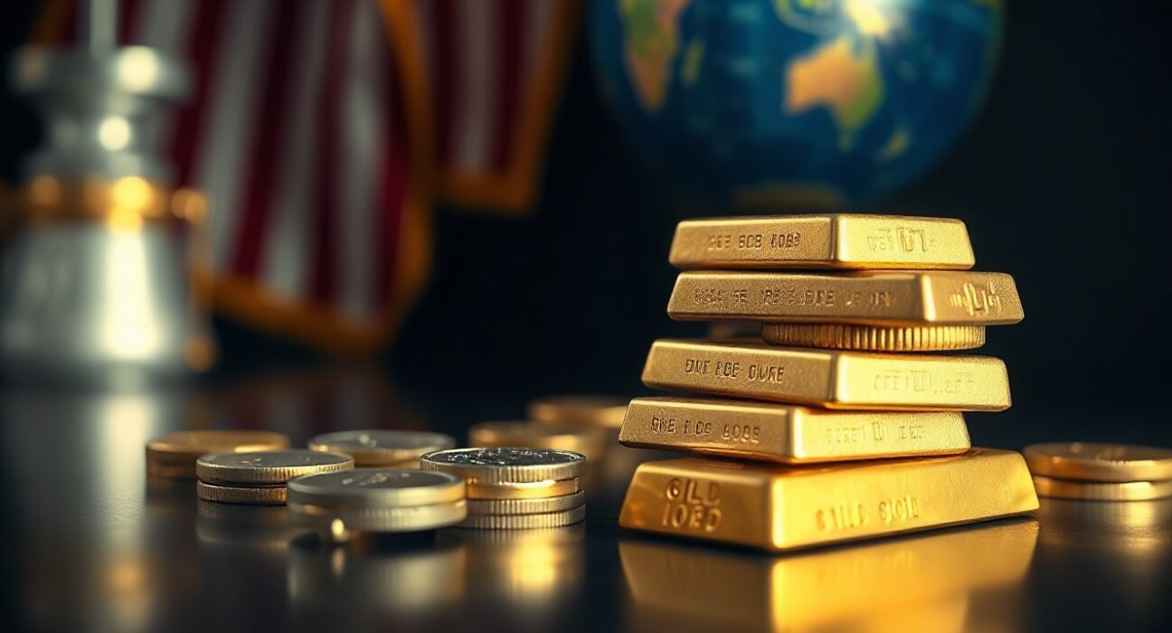 Gold bars and coins with American flag and globe in background