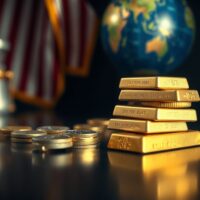 Gold bars and coins with American flag and globe in background