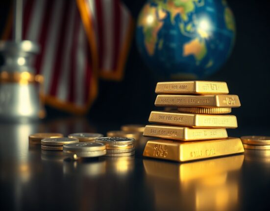 Gold bars and coins with American flag and globe in background