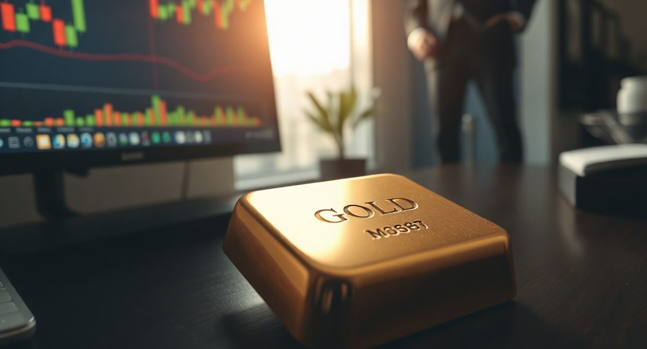 Gold bar on dark surface with blurred financial charts and person in background
