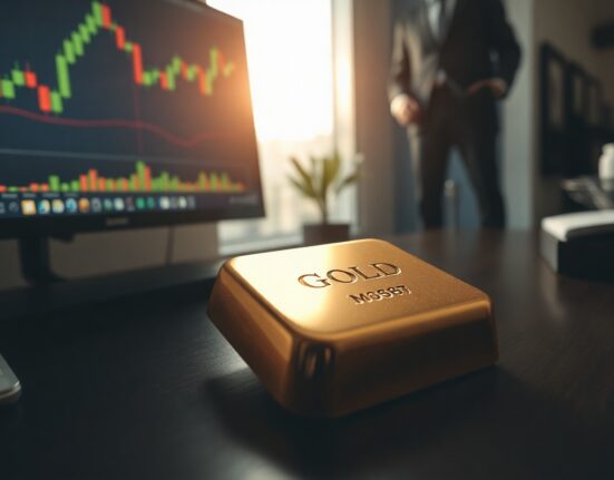 Gold bar on dark surface with blurred financial charts and person in background